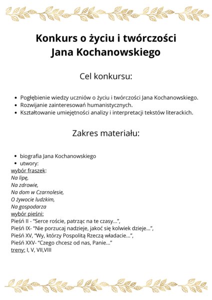 Konkurs o życiu i twórczości Jana Kochanowskiego + dyplomy