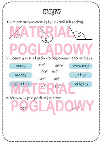 Kąty - karta pracy, kartkówka klasy 4, 5, 6
