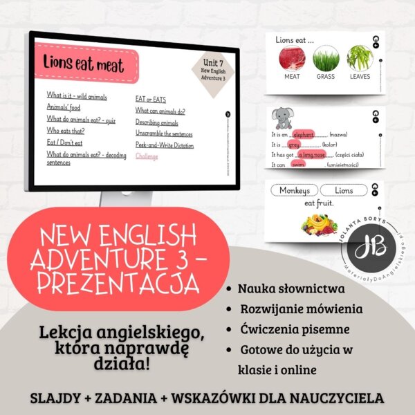 Prezentacja New English Adventure 3 – Unit 7 Lions eat meat