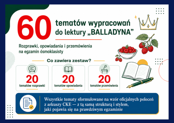 ✒️60 tematów wypracowań do lektury - BALLADYNA - Rozprawka, opowiadanie i przemówienie - egzamin ósmoklasisty