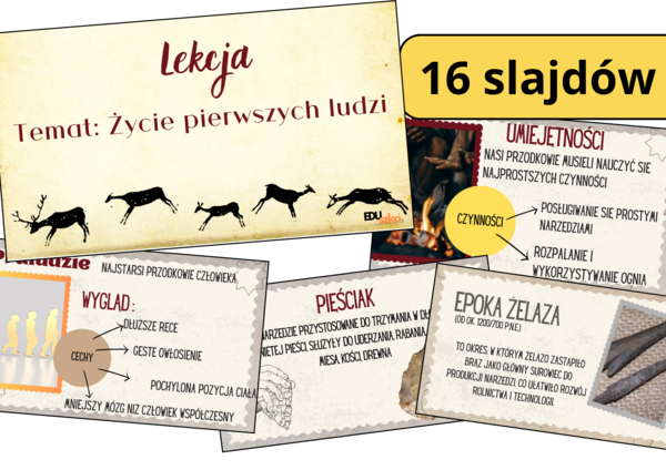 Prezentacja multimedialna "Życie pierwszych ludzi", zgodna z podstawą programową. Możliwość edycji