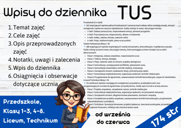 Wpisy do Dziennika TUS - przedszkole, klasy 1-3, klasy 4-8 oraz liceum i technikum - przykłady i inspiracje
