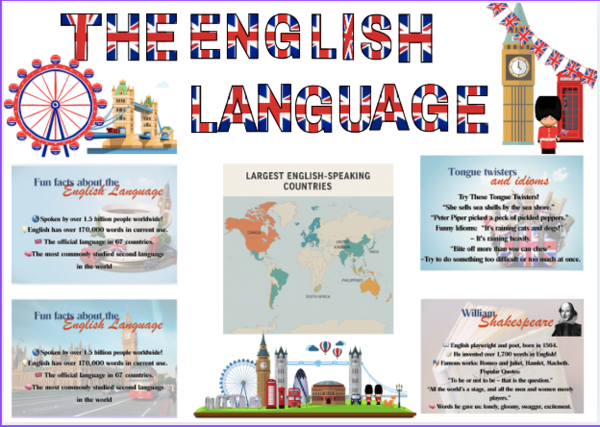 „Gazetka na Dzień Języka Angielskiego” –60 elementów i 2 aranżacje do wyboru Kolorowa i Edukacyjna Dekoracja 🌍📚