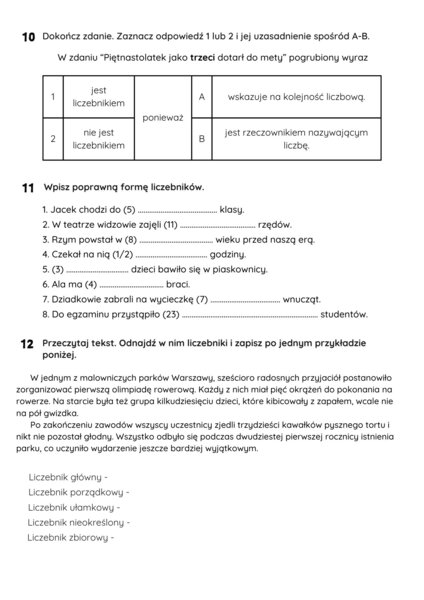 Liczebnik - test dla klasy 6