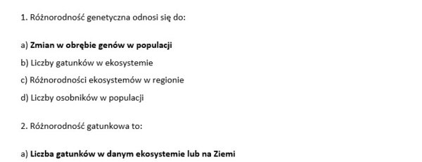 Test- różnorodność biologiczna, jej zagrożenia i ochrona
