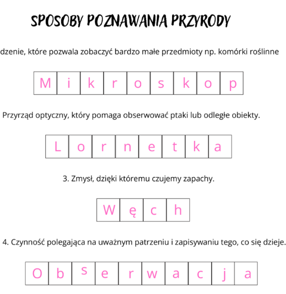 Sposoby poznawania przyrody - krzyżówka do rozwiązania przez uczniów