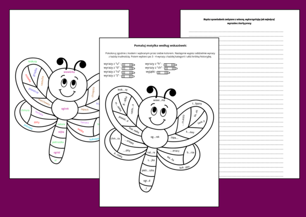 Ortograficzny motylek - ORTOGRAFIA - wiosna - karta pracy - ćwiczenia redakcyjne - KOLOROWANKA + odpowiedzi