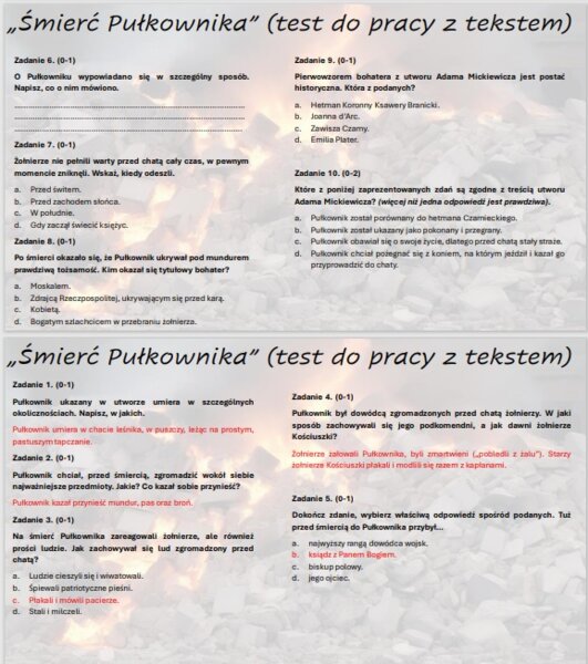 Zestaw testów powtórzeniowych/wprowadzających "Śmierć Pułkownika", "Reduta Ordona", "Świtezianka"