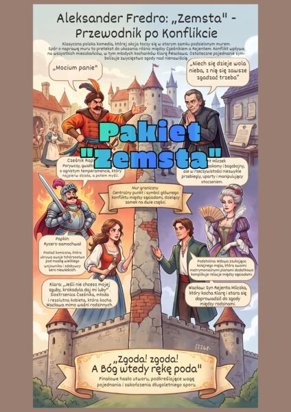 pakiet do lektury "Zemsta", escape room, prezentacja, karta pracy, naklejka, pdf