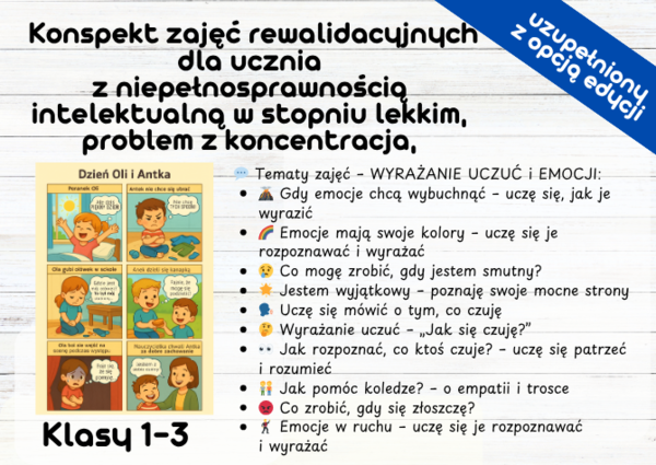 Konspekt zajęć rewalidacyjnych dla ucznia z niepełnosprawnością intelektualną w stopniu lekkim, problem z koncentracja, klasa 1 2 3