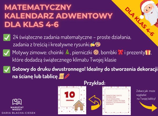 🎄📚 Matematyczny Kalendarz Adwentowy dla klas 4-6 ✨🎁