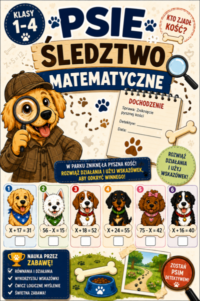 🔎🐶 „Psie śledztwo matematyczne – Kto zjadł kość? | logiczna karta pracy | klasy 1–4”