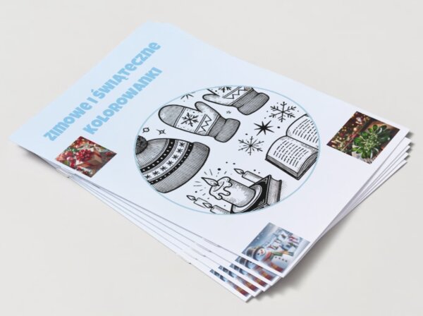 Zimowe i świąteczne kolorowanki (czapka z pomponem, rękawiczki, świeca, książka)