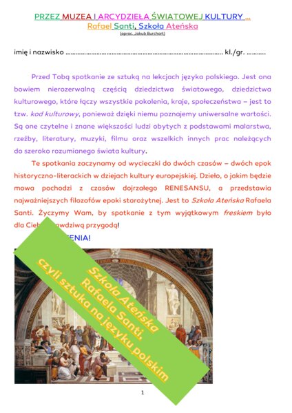 "Szkoła Ateńska" Rafaela Santi - praca z dziełem sztuki na języku polskim