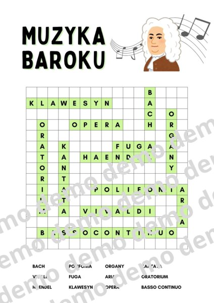 Muzyka, klasa 4-5. Muzyka baroku. Karta pracy: wykreślanka.