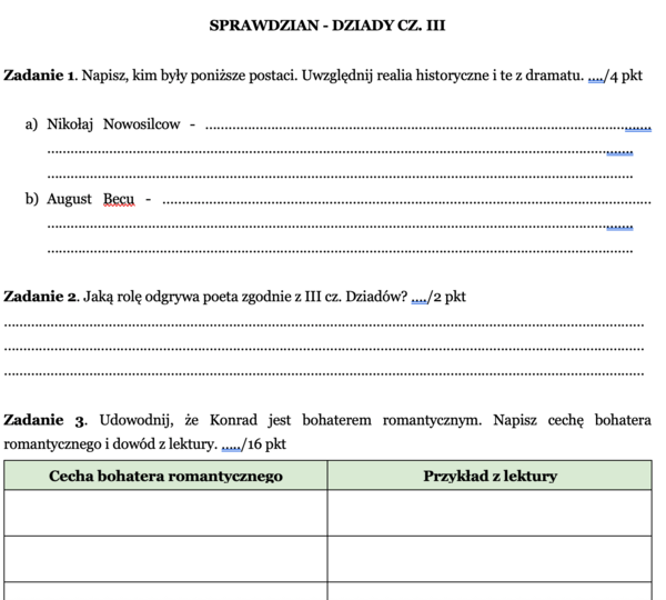 Dziady cz. III - sprawdzian