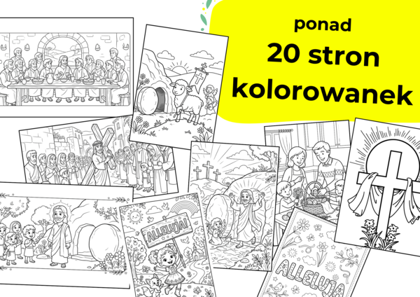 Kolorowanki wielkanocne — Zmartwychwstanie i wydarzenia paschalne (PDF, 20 stron). Zestaw ilustracji do druku