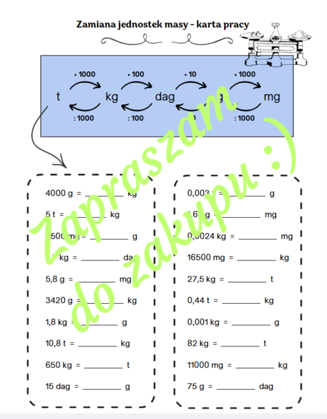 Zamiana jednostek masy - karta pracy/kartkówka z odpowiedziami.