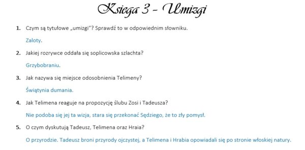 "Pan Tadeusz" - pytania do ksiąg