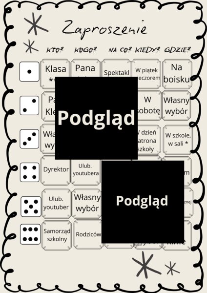 Gra z kostką. Pisanie zaproszenia.