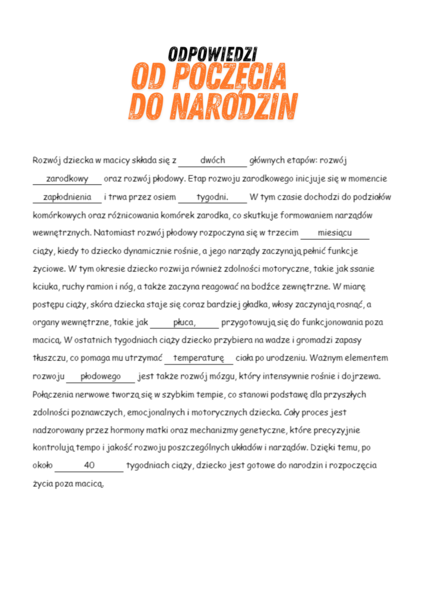 Układ rozrodczy - karta pracy - Od poczęcia do narodzin - Uzupełnij tekst (7 klasa SP)