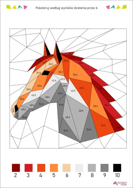 Dzielenie przez 6- pokoloruj według wyników dzielenia, nauka mnożenia i dzielenia, kolorowanka