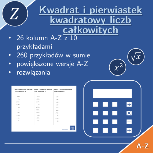 Kwadrat i pierwiastek kwadratowy liczb całkowitych | matematyka | 26 kolumn