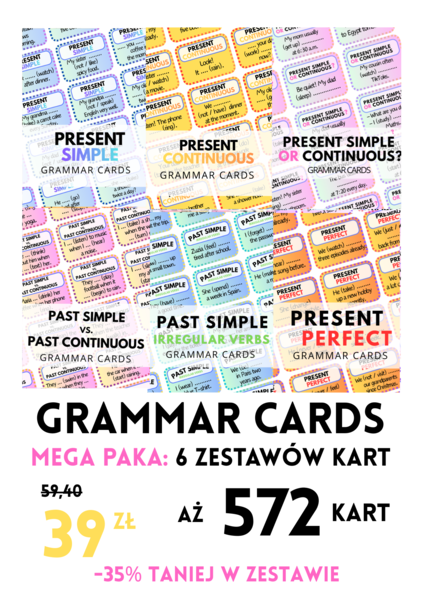 ZESTAW: MIX CZASÓW - GRAMMAR CARDS - 6 zestawów - 572 kart - czasy - uzupełnianie luk - gramatyka - Present Simple - Present Continuous - Past Simple - Present Perfect - Past Continuous