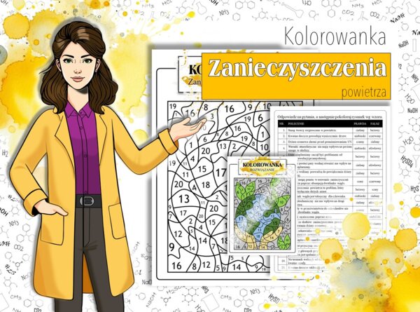 Klasa 7. Chemia. Zanieczyszczenia powietrza. Ochrona środowiska. Ekologia. Dzień Ziemi. Kolorowanka chemiczna. Karta pracy. Zadanie.