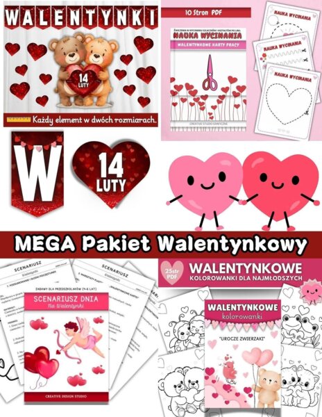 MEGA Pakiet Walentynkowy ❤️ Gazetka Walentynkowa, kolorowanki, scenariusz & wycinanki ❤️
