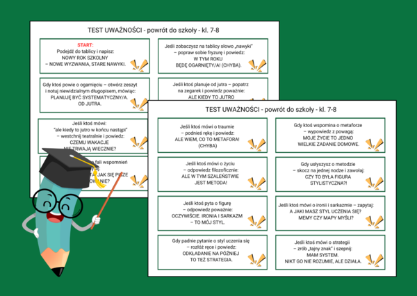 Powrót do szkoły – TEST NA UWAŻNOŚĆ – 30 karteczek do zabawy klasowej – język polski – zajęcia z wychowawcą – klasy 7-8