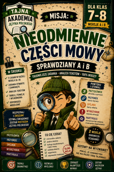 Nieodmienne części mowy – sprawdziany kl. 7–8 | wersja A i B + odpowiedzi modelowe