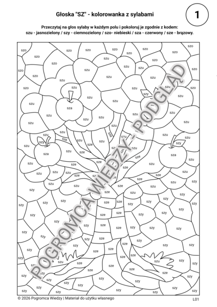 Głoska "SZ" kolorowanka logopedyczna z sylabami