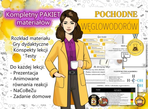 Chemia. Klasa 8. Pochodne węglowodorów. Alkohole. Kwasy karboksylowe. Estry. Aminokwasy. Kompletny PAKIET materiałów do całego działu dla nauczyciela. Prezentacja. Karta pracy. Gra dydaktyczna. Zadanie. Sketchnotka. Powtórzenie wiadomości. TEST. Kartkówk