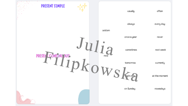 Present Simple vs Present Continuous/ signal words/ plansza / określenia czasu/ porównanie/ dopasowanie/ przyklejanie/ rozgrzewka/ warm-up/ Klasy 4-6/ Klasa 6