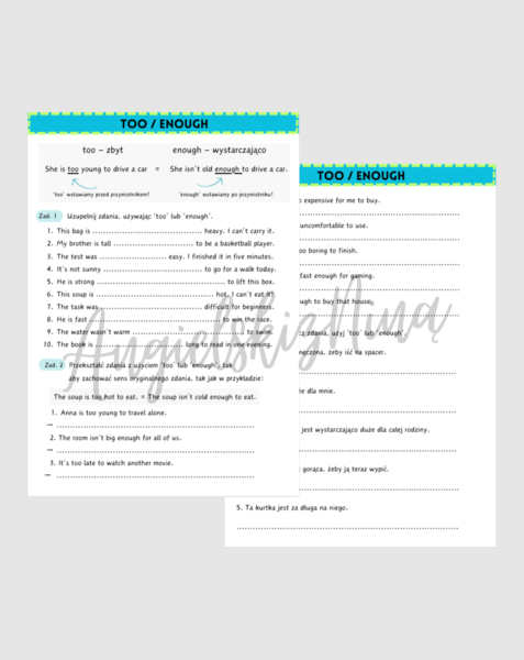 TOO vs. ENOUGH - karta pracy - ćwiczenia - zadania - przymiotniki - powtórka - egzamin ósmoklasisty - matura