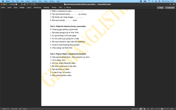 Konstrukcje bezokolicznikowe i gerundialne - ćwiczenia dla uczniów szkół podstawowych