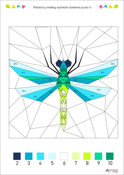 Dzielenie przez 4 - kolorowanka według wyników dzielenia. Nauka dzielenia/mnożenia