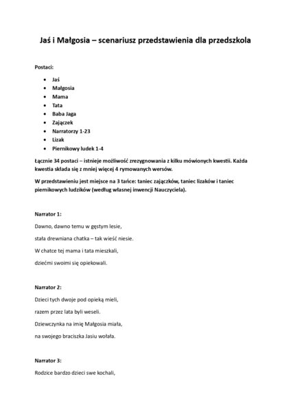 Jaś i Małgosia - scenariusz przedstawienia dla przedszkoli 4-5 i 5-6 lat oraz klas 1-3