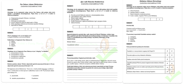 Zestaw zadań egzaminacyjnych do lektur "Balladyna", "Pan Tadeusz", "Quo vadis" W ZESTAWIE TANIEJ