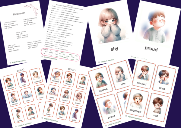 Angielski - Emotions - 2 rodzaje słownika obrazkowego, indywidualne karty BINGO, 4 ćwiczenia