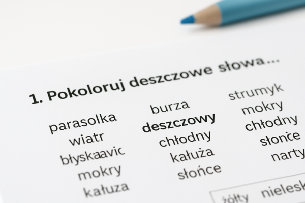 „Deszczowe słowa” – karta pracy do języka polskiego