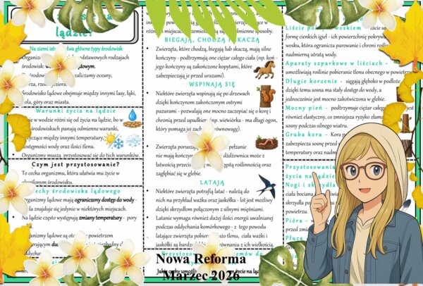 Sketchnotka/notatka - dla ucznia i przypomnienie dla nauczyciela w pdf. Temat "Jak żyje się na lądzie?". Przyroda 4. "Odkrywam przyrodę" zgodna z wydawnictwem Nowa Era. Dział "Życie na lądzie".