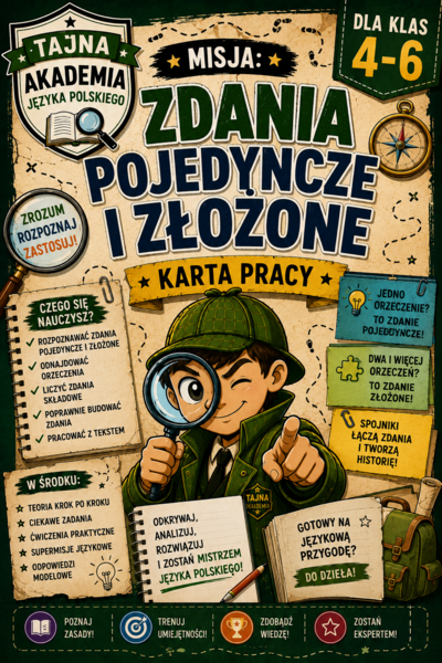 Zdania pojedyncze i złożone – teoria i ćwiczenia | karta pracy kl. 4–6 + odpowiedzi modelowe