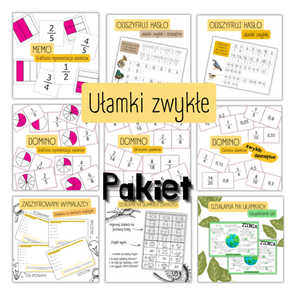 PAKIET - ułamki zwykłe - 9 materiałów