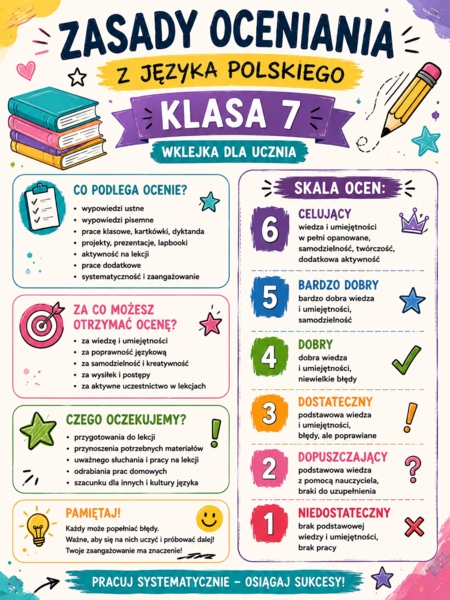 Zasady oceniania w klasie 7 - wklejka dla ucznia