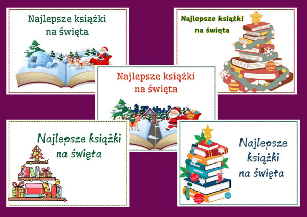 Najlepsze książki na święta – BIBLIOTEKA – Boże Narodzenie - gazetka- wystawka – napis – 10 wersji