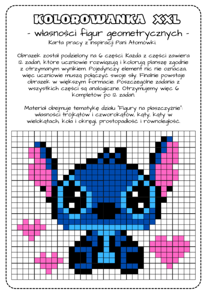 Kolorowanka xxl (nonogram) - powtórzenie wiadomości geometria. Klasa 5, klasa 6. Własności figur geometrycznych. Figury na płaszczyźnie.