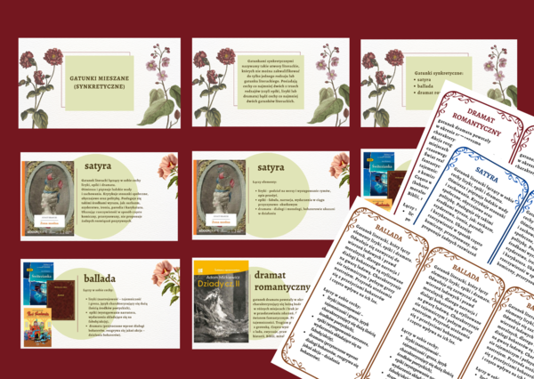 GATUNKI SYNKRETYCZNE – prezentacja + 3 wklejki: satyra, ballada, dramat romantyczny – egzamin – powtórzenie – kl. .4-8