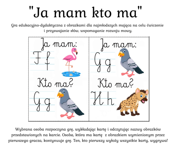 Gra edukacyjno-dydaktyczna „Ja mam… kto ma?” Alfabet - wersja pisana - (kolorowa) - 32 karty